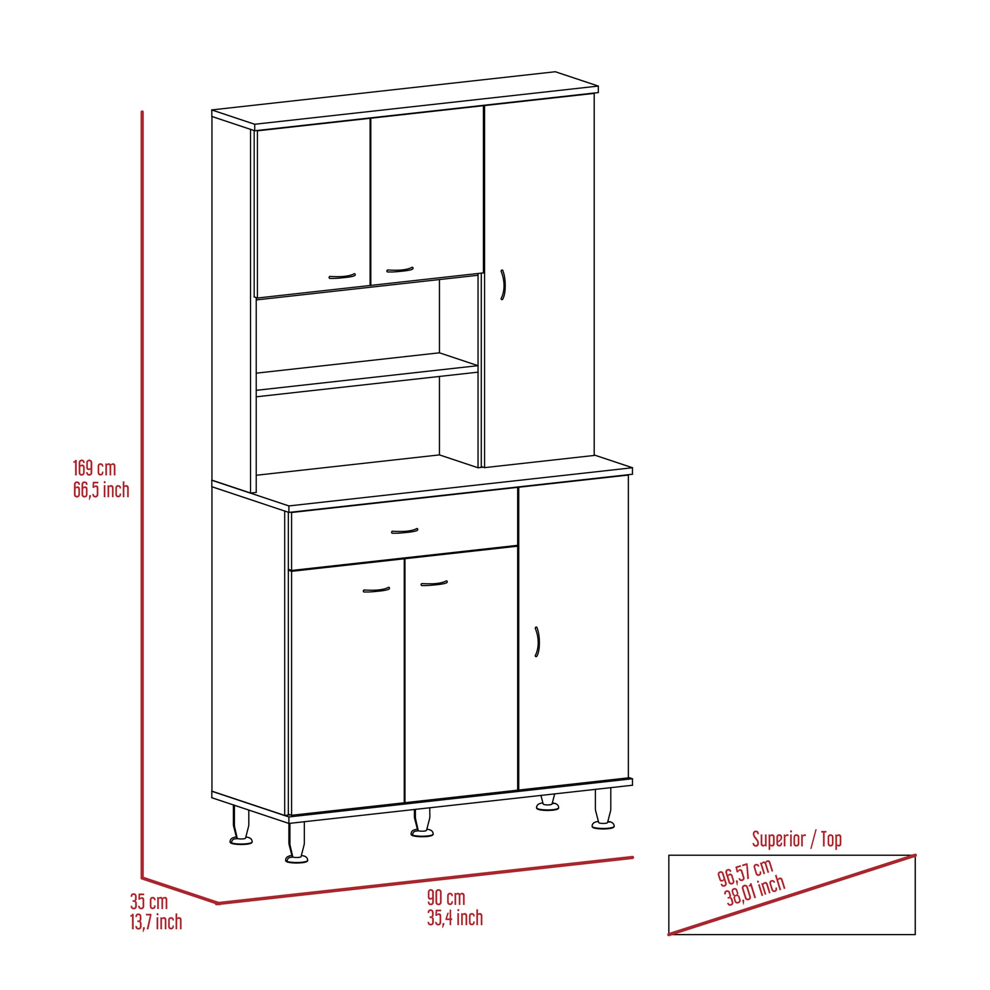 Line drawing of a white kitchen cabinet with multiple shelves drawers and doors