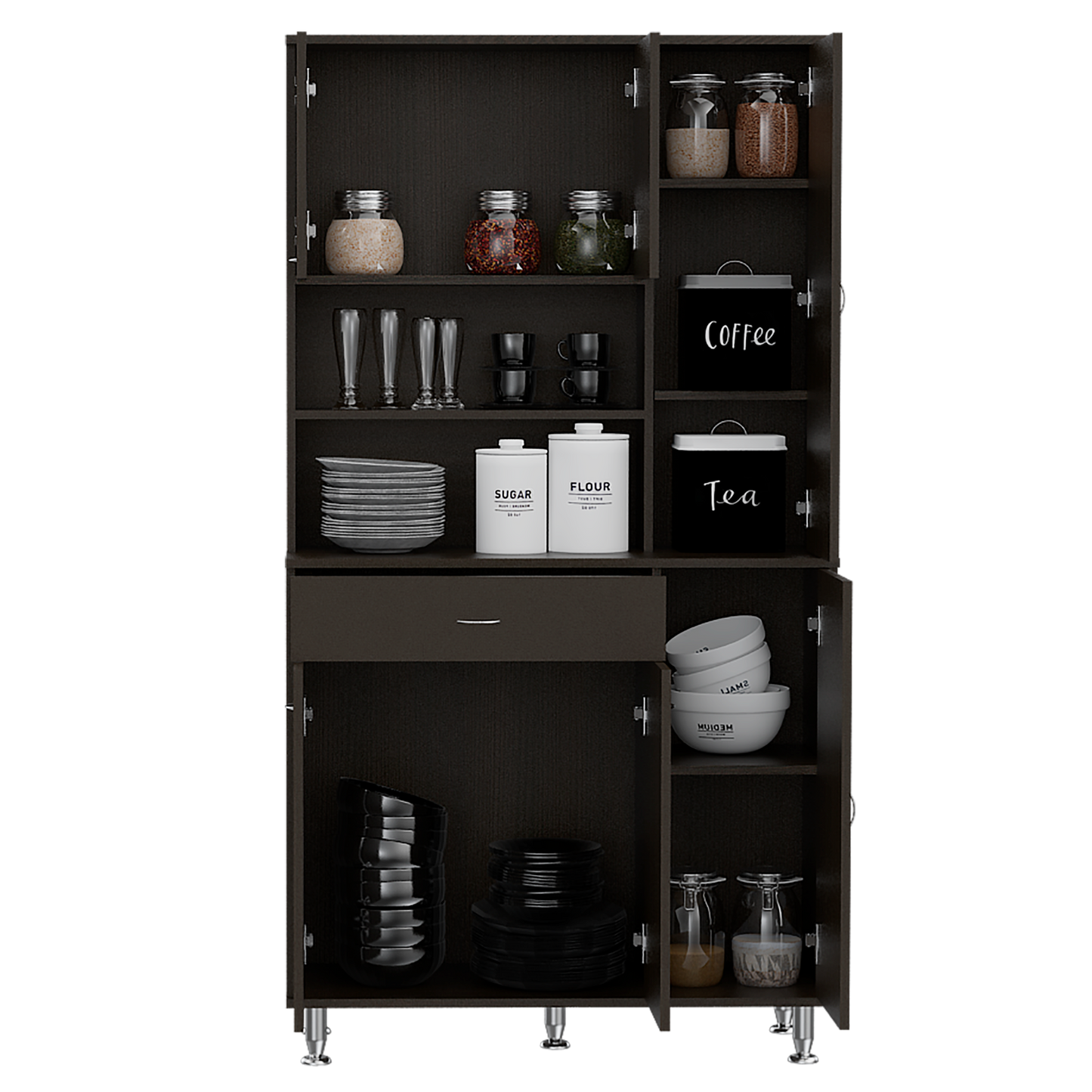 Dark wood kitchen cabinet filled with dishes glassware and canisters