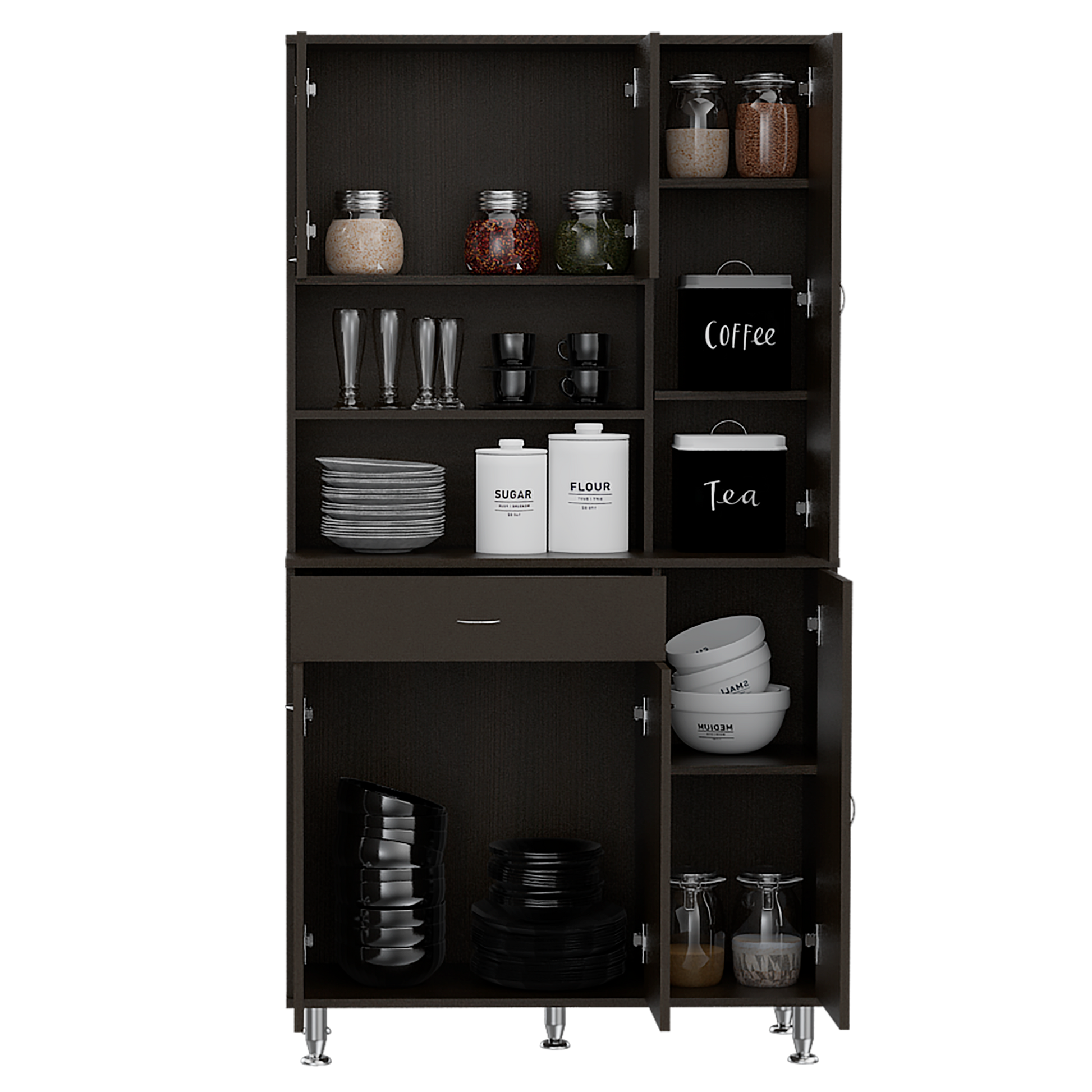 Dark wood kitchen cabinet filled with dishes glassware and canisters