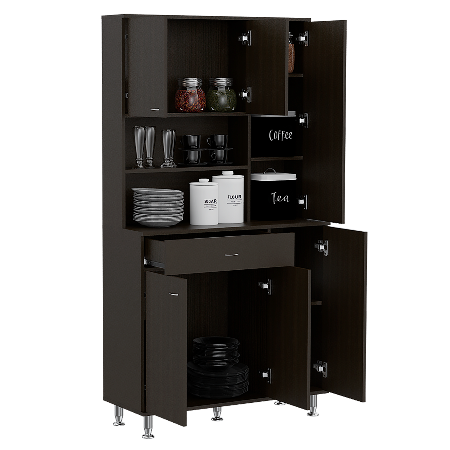 Dark brown kitchen pantry cabinet with glass jars mugs plates and canisters