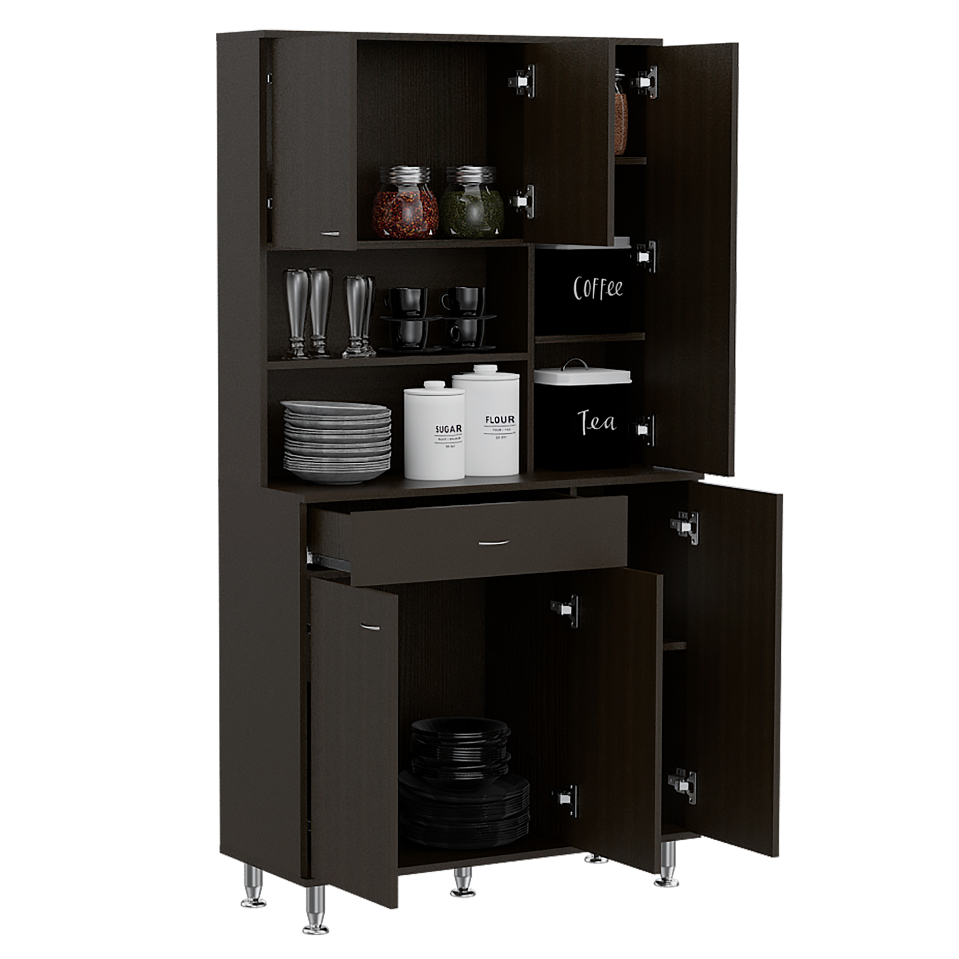 Dark brown kitchen pantry cabinet with glass jars mugs plates and canisters