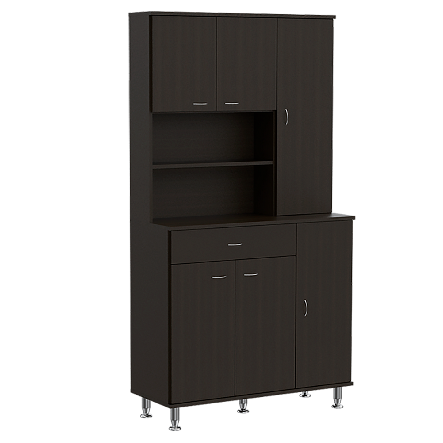 Dark wood modern storage cabinet with two upper doors and two open shelves
