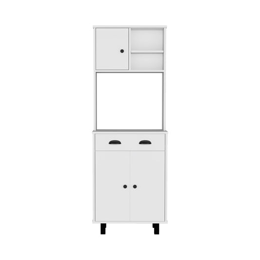 White kitchen hutch with two drawers and double cabinet doors for storage
