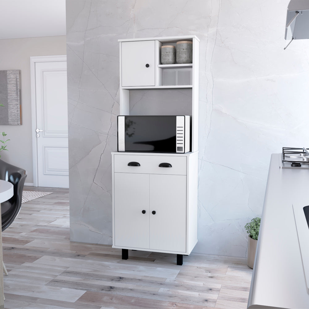 Modern white kitchen bakers rack with microwave and storage