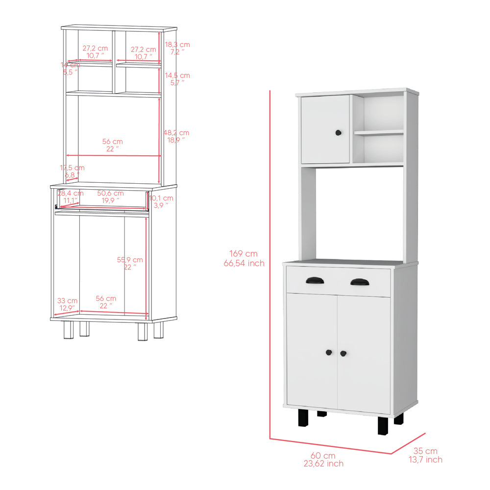 White modular storage cabinet with open shelves and two doors  cm high