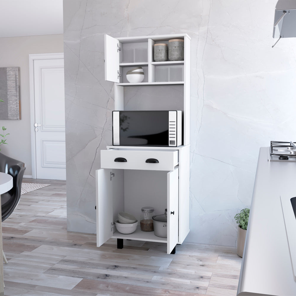 White microwave cart with open storage shelves and cabinet doors