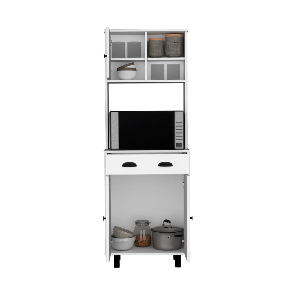 White kitchen cabinet with open doors showcasing storage for microwave cookware and pantry items