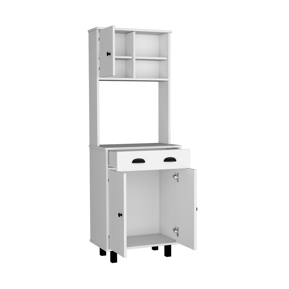 Modern white kitchen bakers rack with open shelves and a drawer