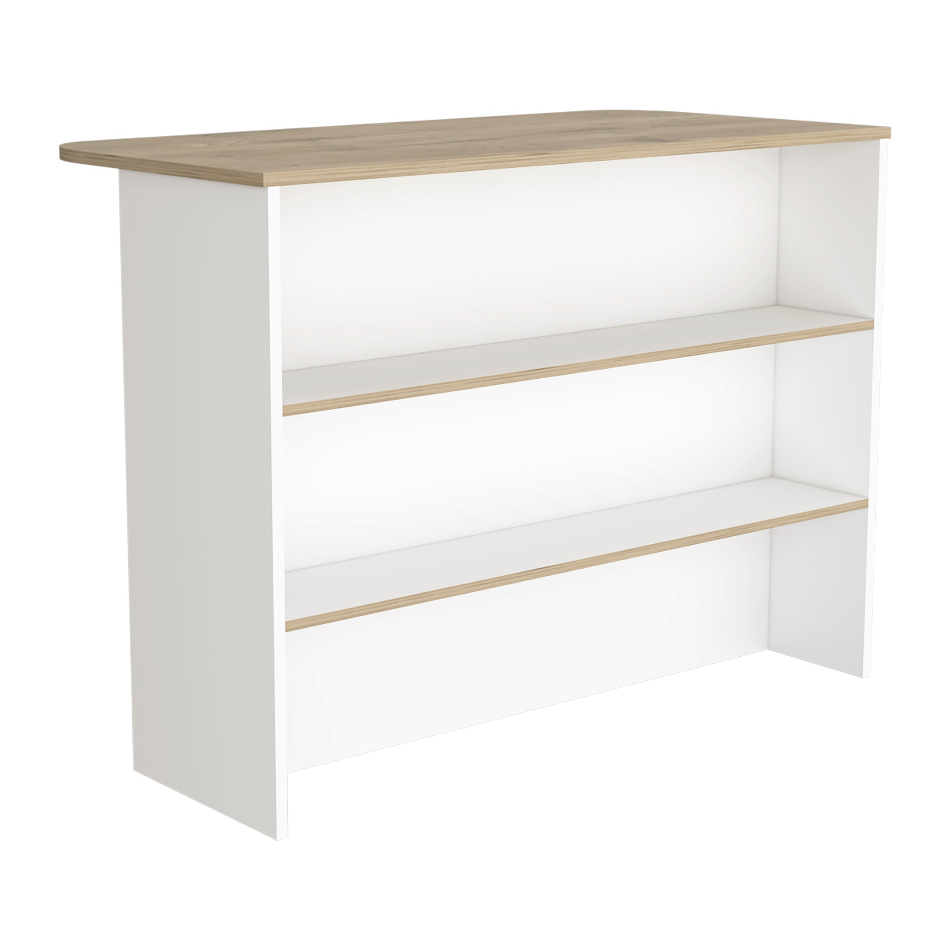 White bookshelf with three wooden shelves and a light oak top