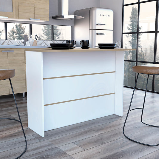 Modern white kitchen island with light wood accents and breakfast bar seating