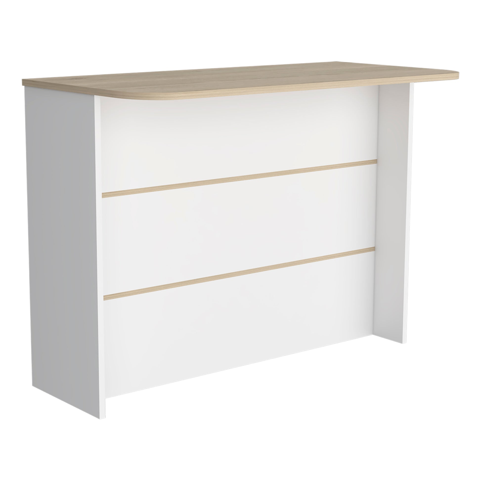 Modern white and oak console table with three drawers and sleek lines