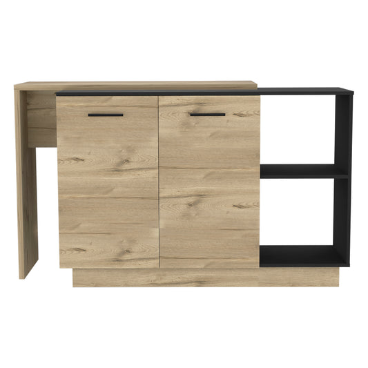 Modern light oak wood sideboard with black accents and open shelving