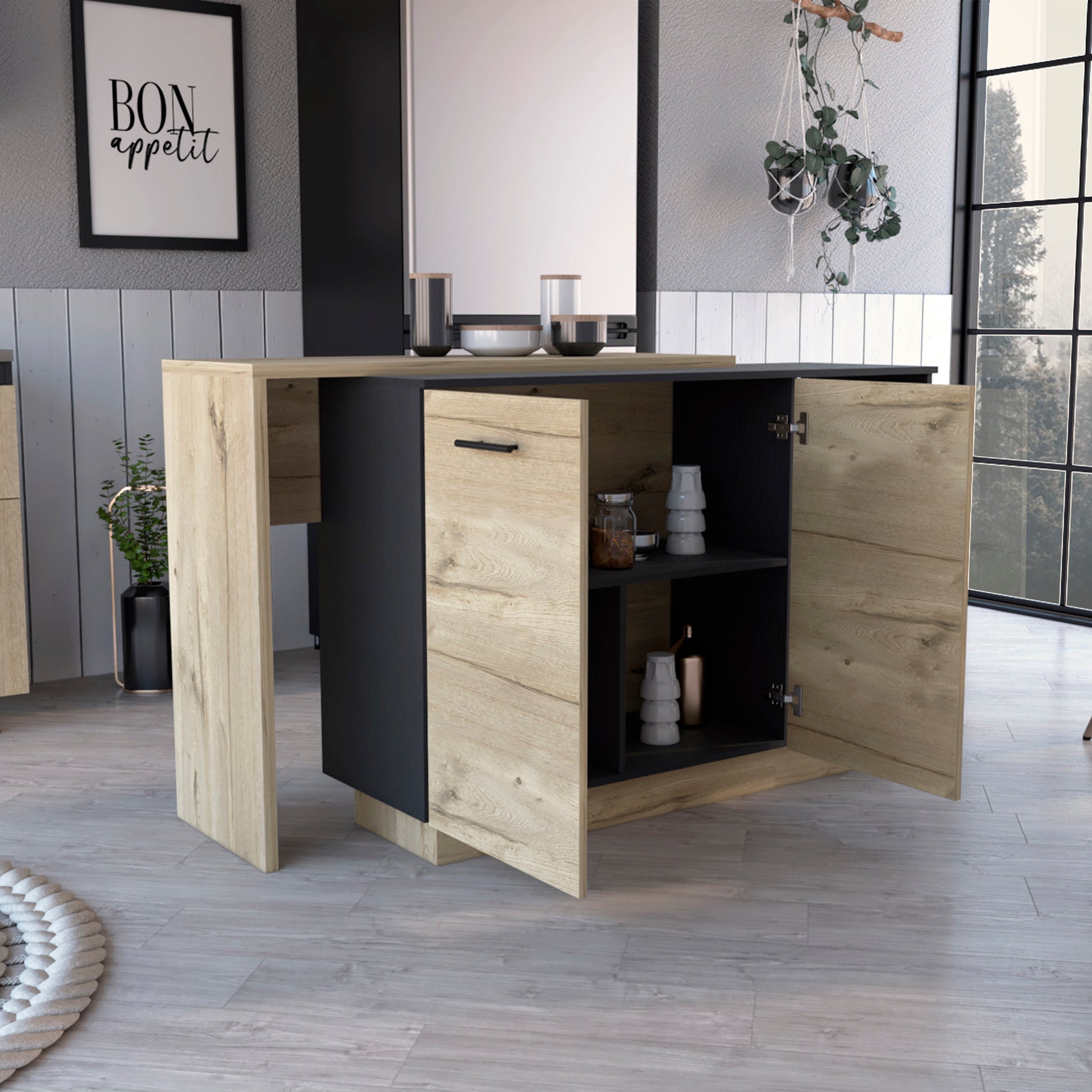Modern kitchen island with oak veneer finish and black accents open cabinets reveal storage
