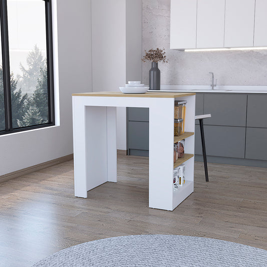 Compact white kitchen island with wooden top and builtin shelves for storage