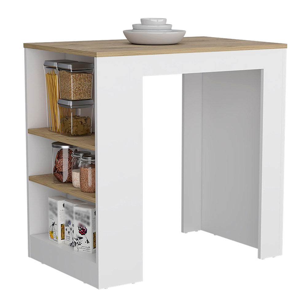 White and wood grain kitchen counter with shelves storing pantry items