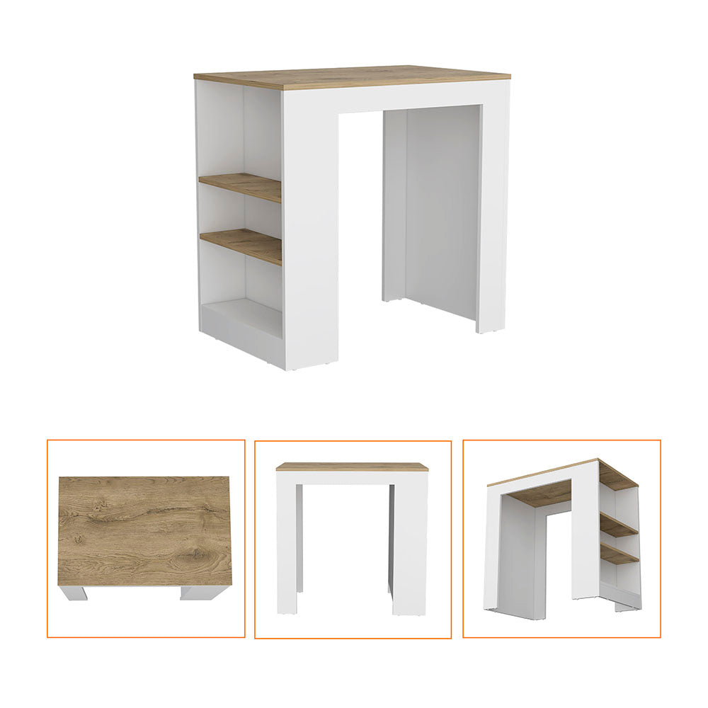 Modern white bar table with oak top and builtin shelving for kitchen use