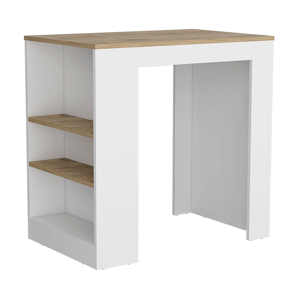 White and wood bar table with two open shelves for kitchen use