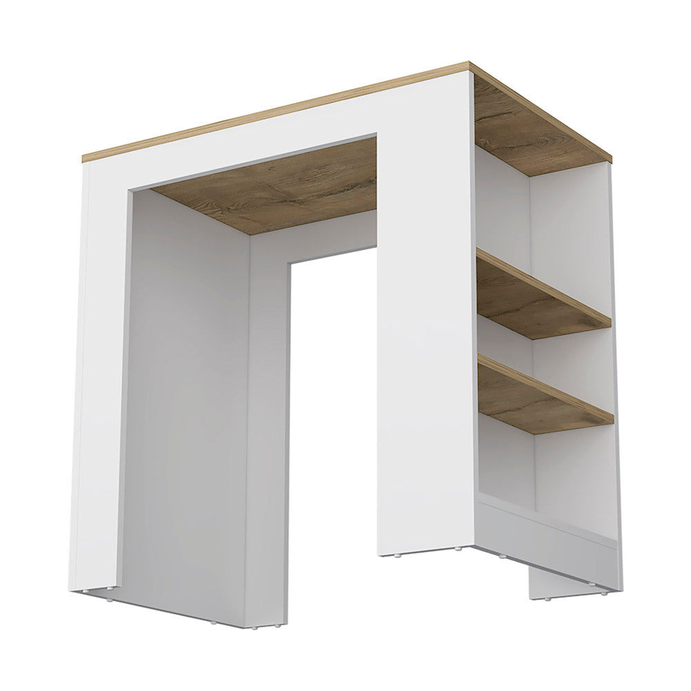 Modern white desk frame with oak wood accents and open shelving