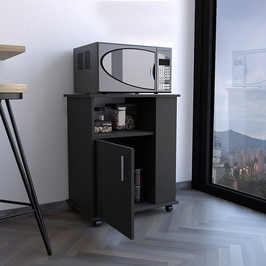 Dark wood kitchen cart with open cabinet door and microwave