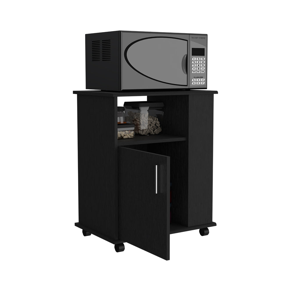 Black microwave cart with open cabinet and kitchen storage on wheels