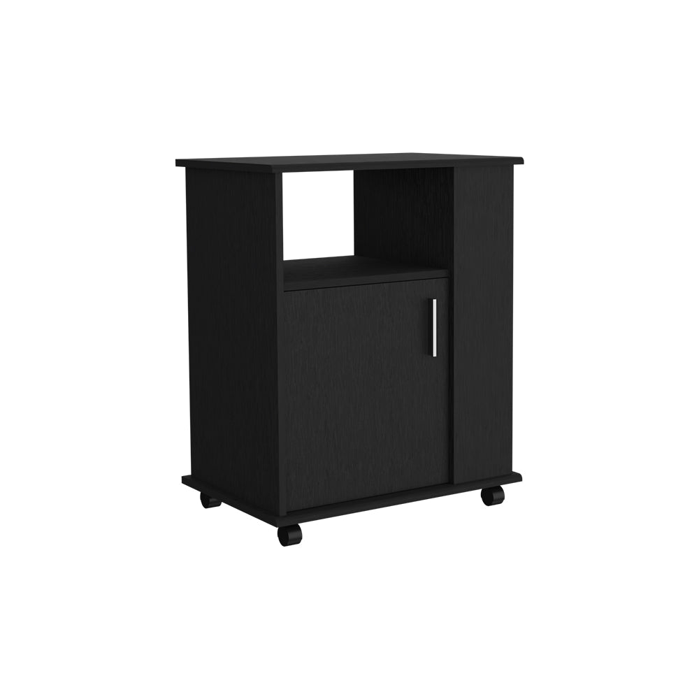 Black modern rolling cabinet with open shelf and single door