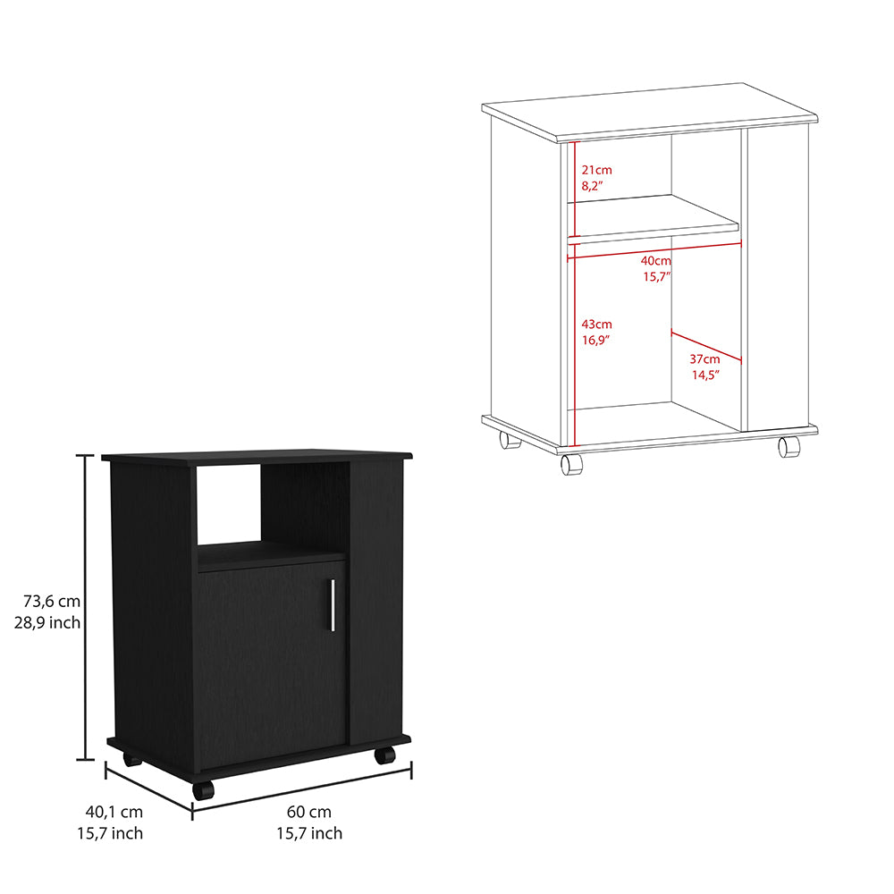 Black mobile storage cabinet with one door and open shelf compartment
