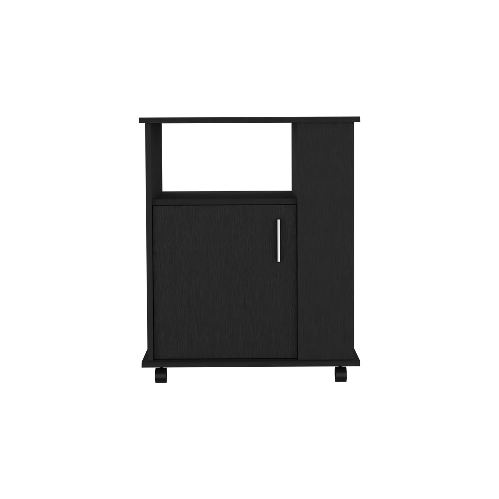 Black modern media console with open shelf and cabinet on wheels