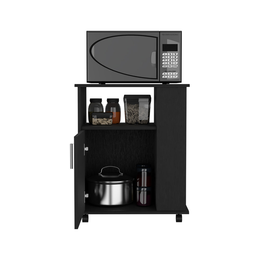 Black kitchen microwave with digital display on a dark wood microwave cart