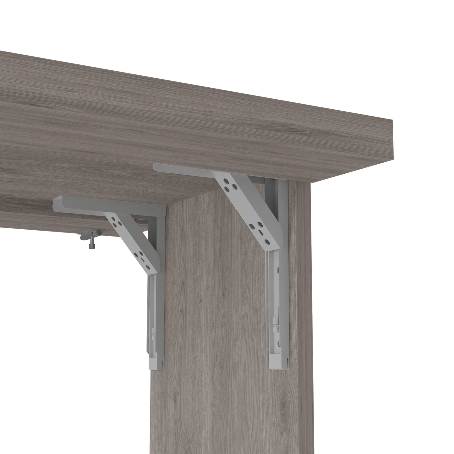 Adjustable gray metal folding shelf bracket mounted to a woodgrain surface