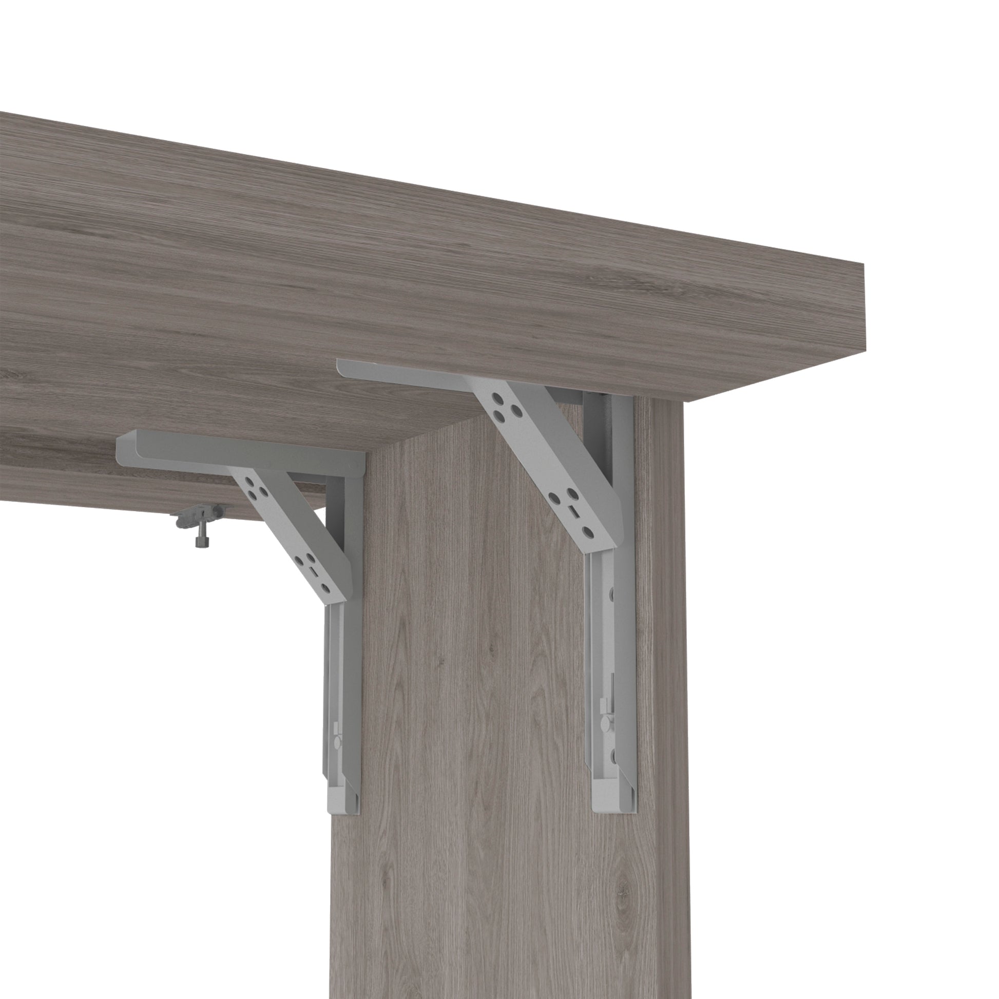 Adjustable gray metal folding shelf bracket mounted to a woodgrain surface