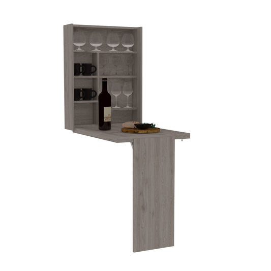 Grey wood wallmounted dropleaf table with wine glasses and bottle