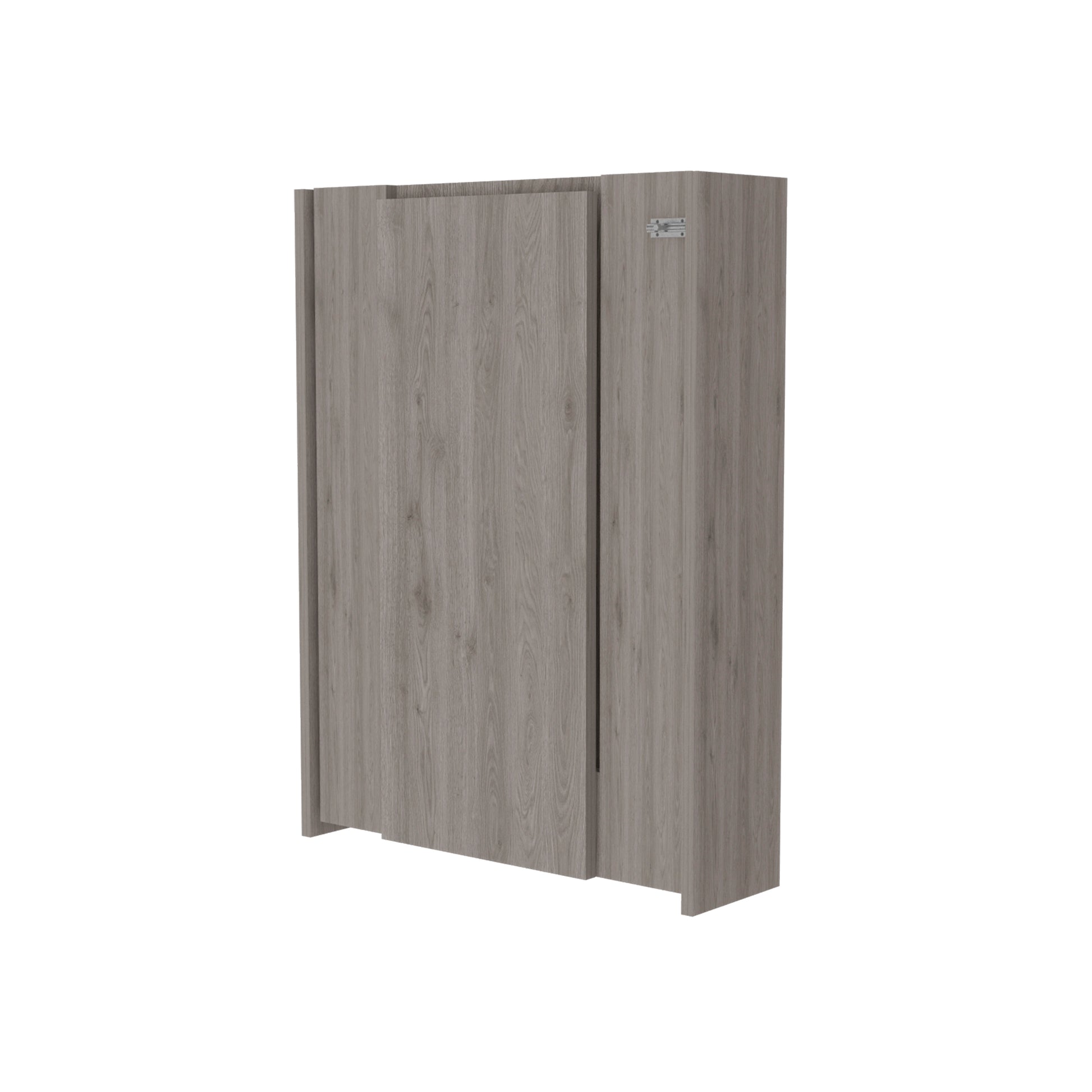 Closed grey woodgrain folding wardrobe with metallic hinges compact storage solution