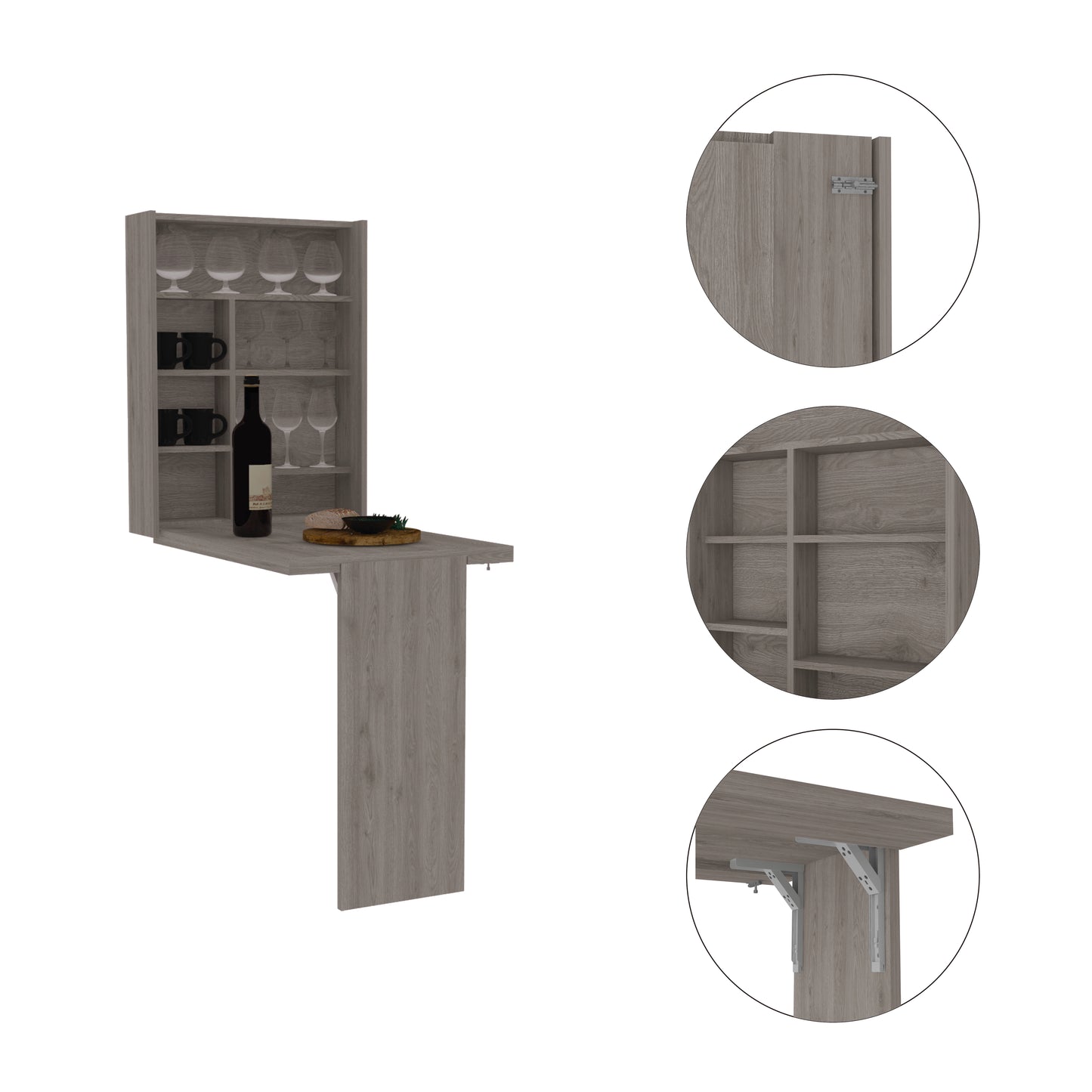 Grey wood folding wallmounted dining table with builtin wine rack