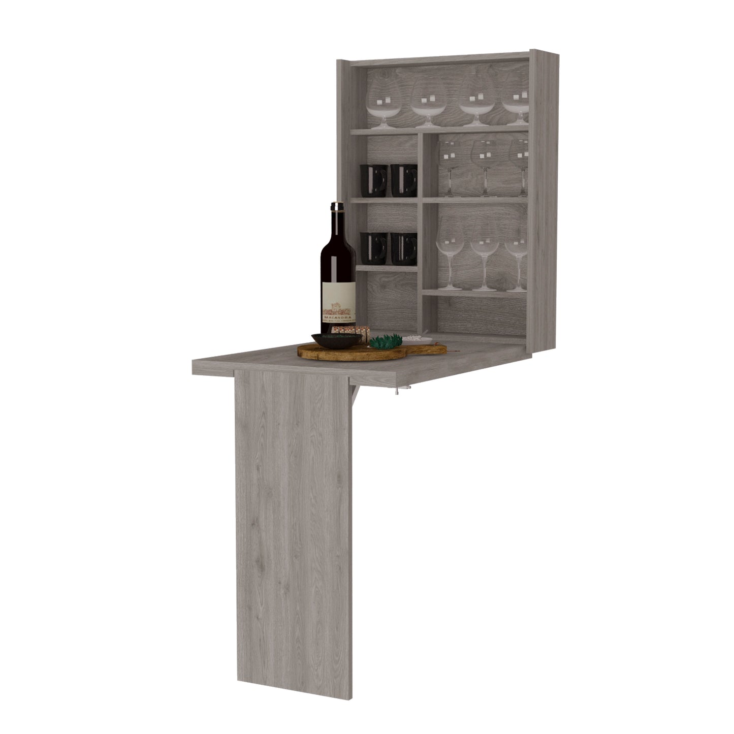 Gray wood wallmounted bar cabinet with dropleaf table and glass storage