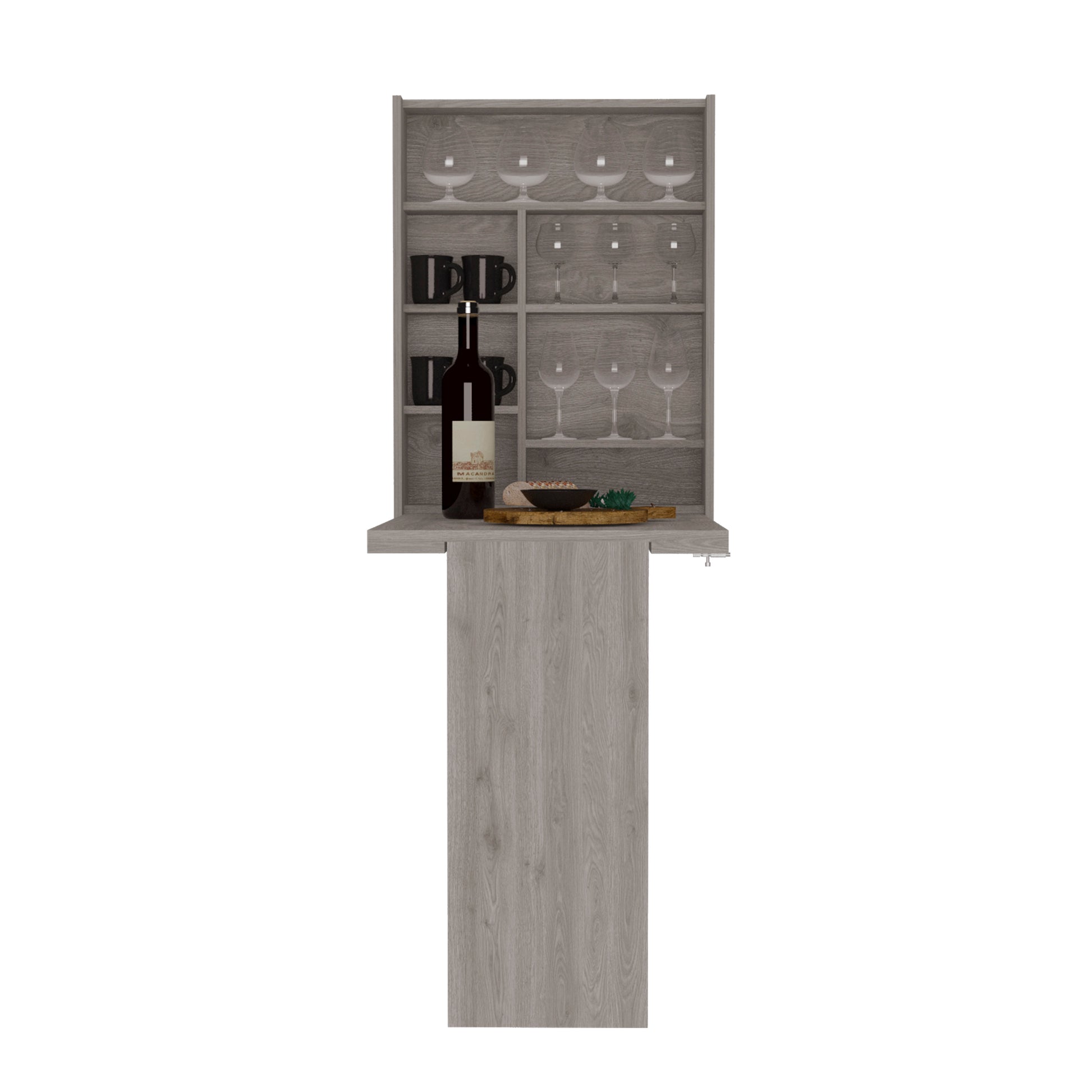 Gray wood wallmounted bar with wine glasses and bottles