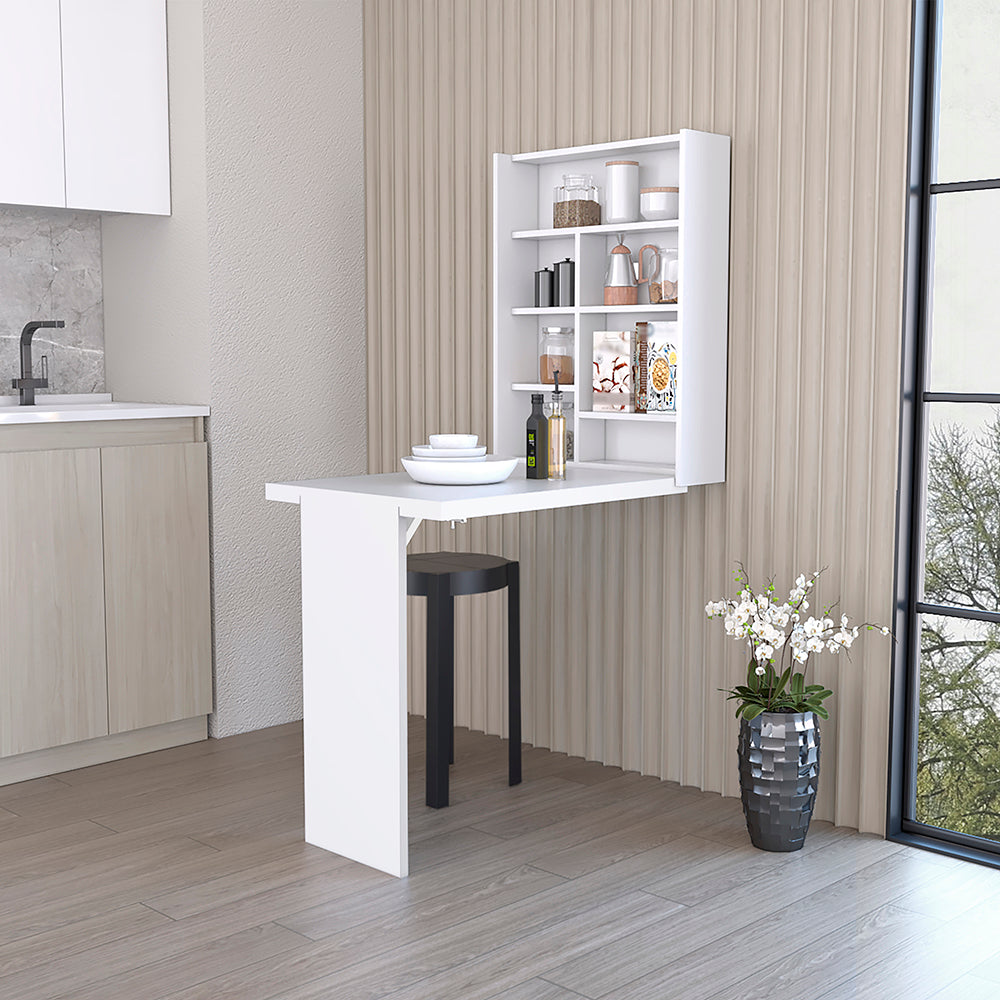 White wall mounted folding dining table with integrated shelves perfect for small kitchens