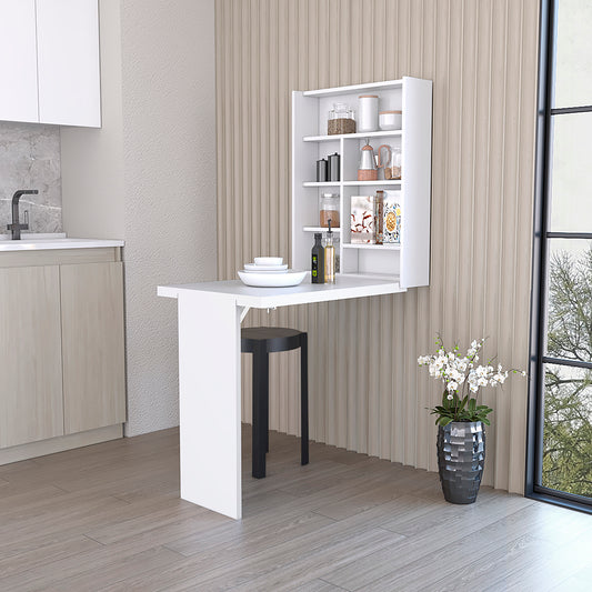White wall mounted folding dining table with integrated shelves perfect for small kitchens