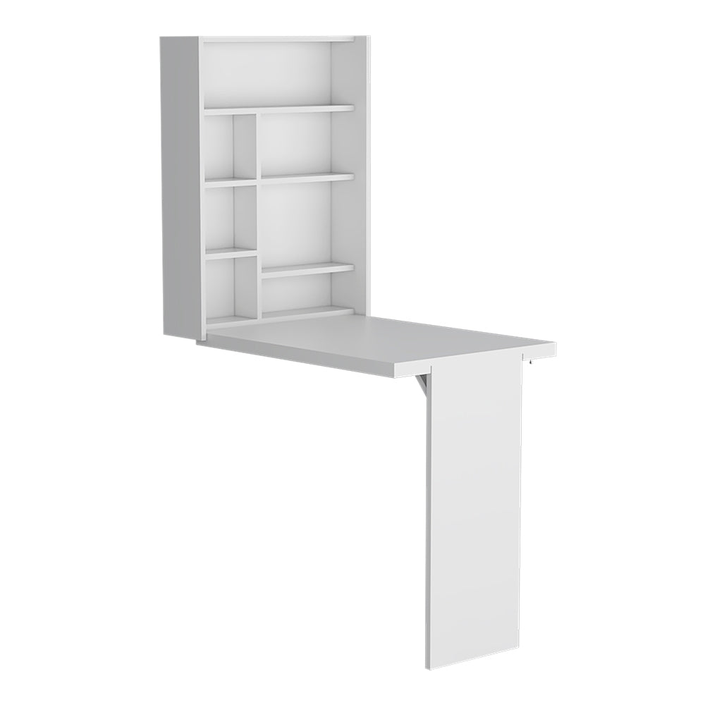 White wallmounted folding desk with integrated shelving unit