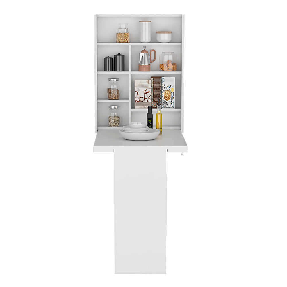 Compact white wallmounted folding desk with kitchen shelves and dishes
