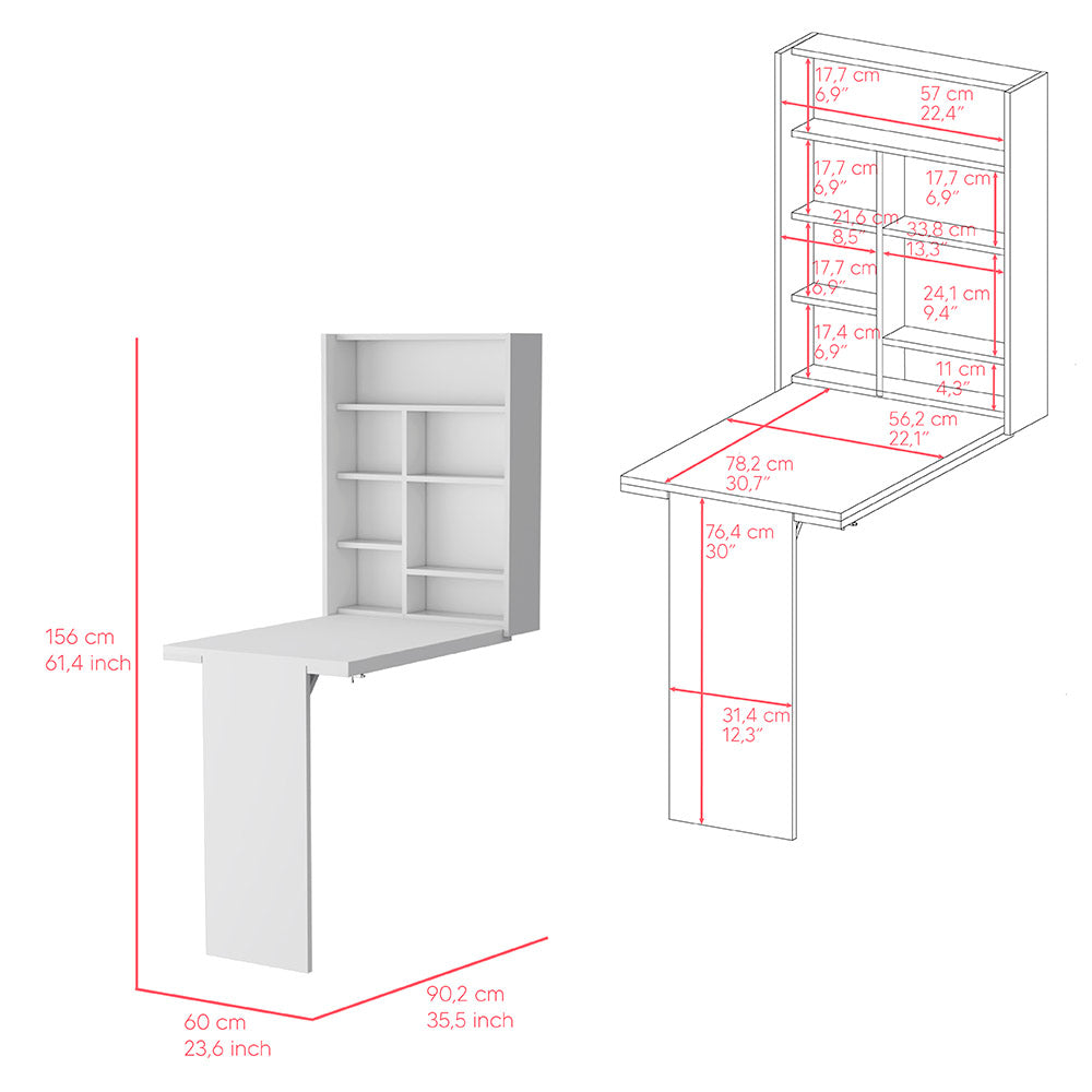 White wallmounted folding desk with open shelving unit and dimensions