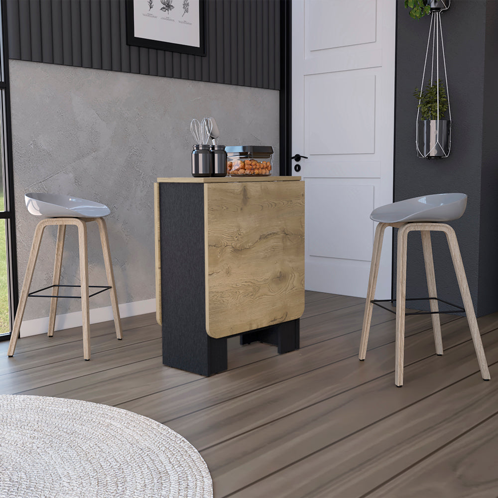 Compact dropleaf dining table with wood finish and dark grey fabric sides