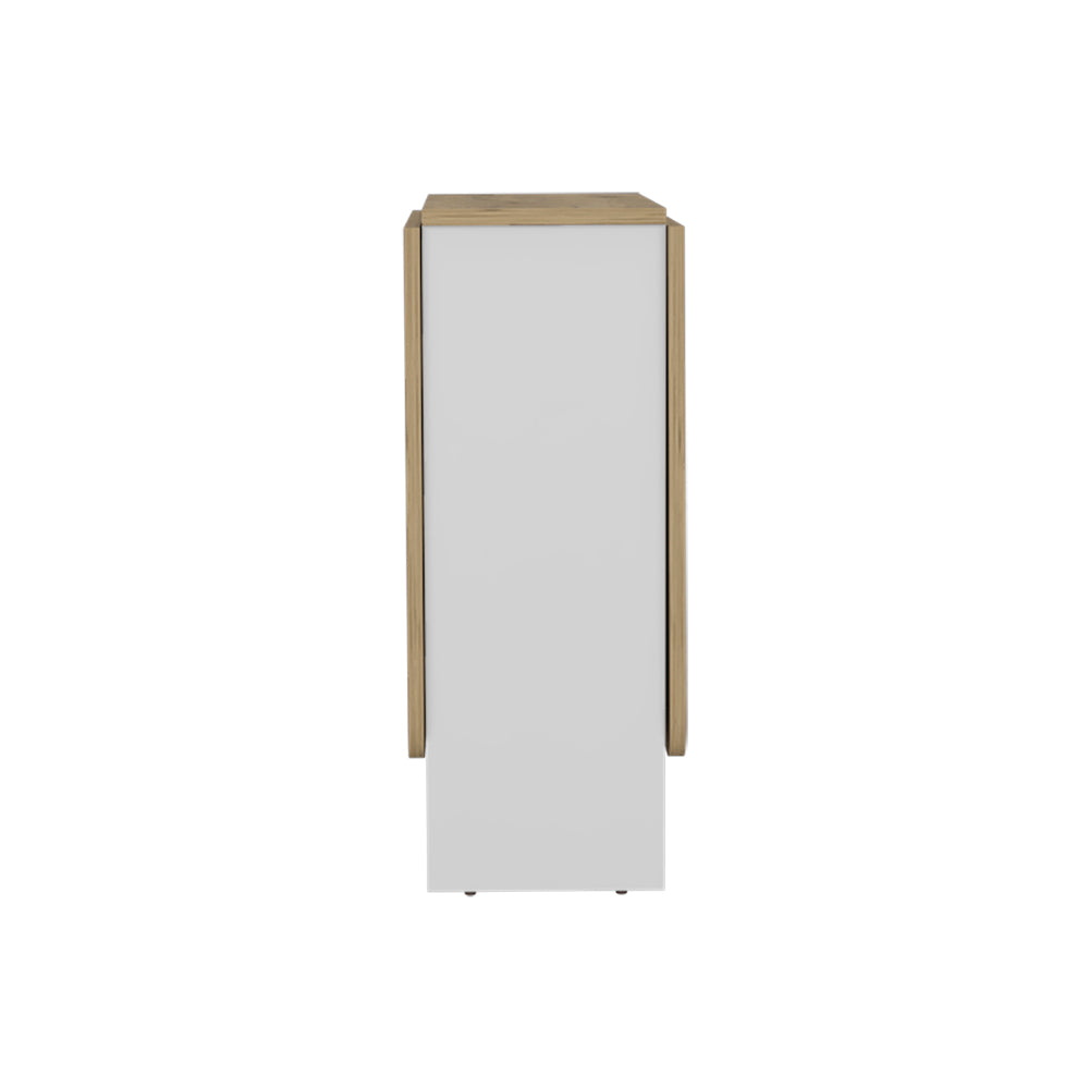 Modern white accent cabinet with light oak trim perfect for small spaces