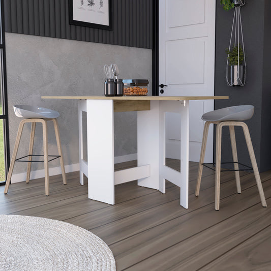 Modern white dropleaf dining table with wooden top perfect for small kitchens