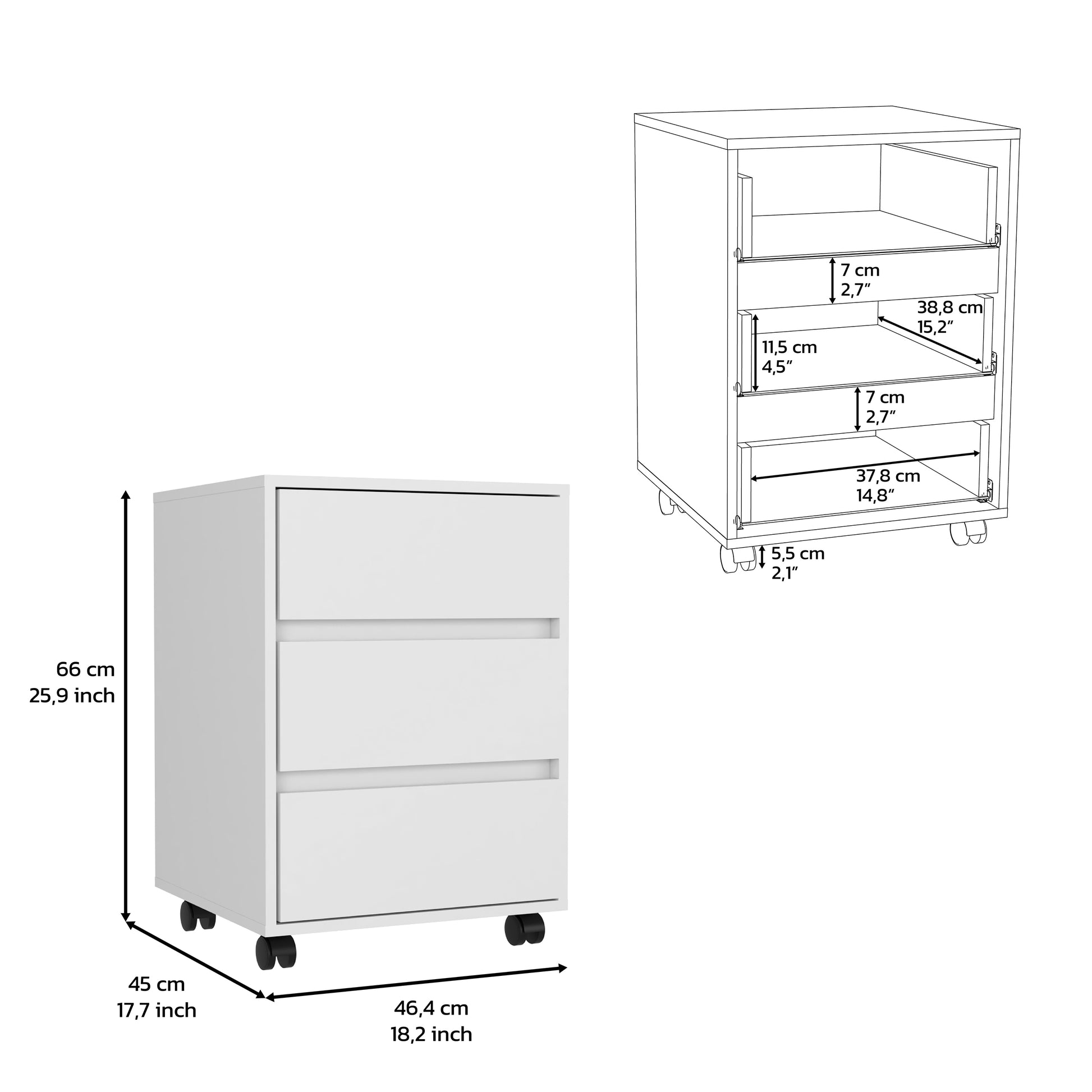 White threedrawer filing cabinet on wheels cm height compact office storage