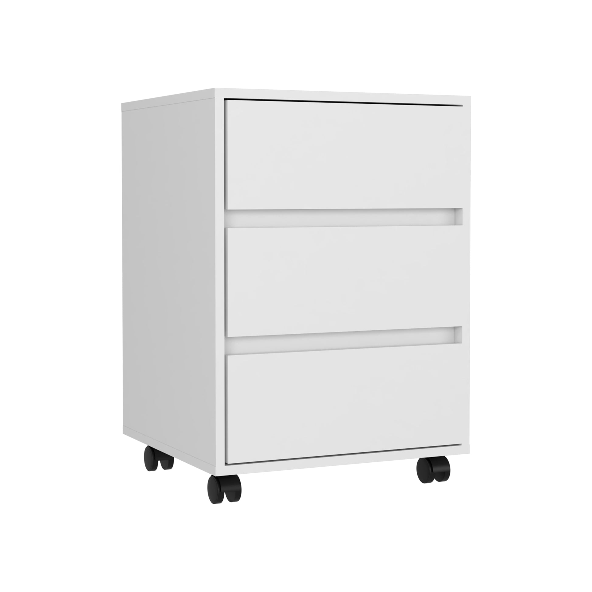 White threedrawer mobile file cabinet with black casters