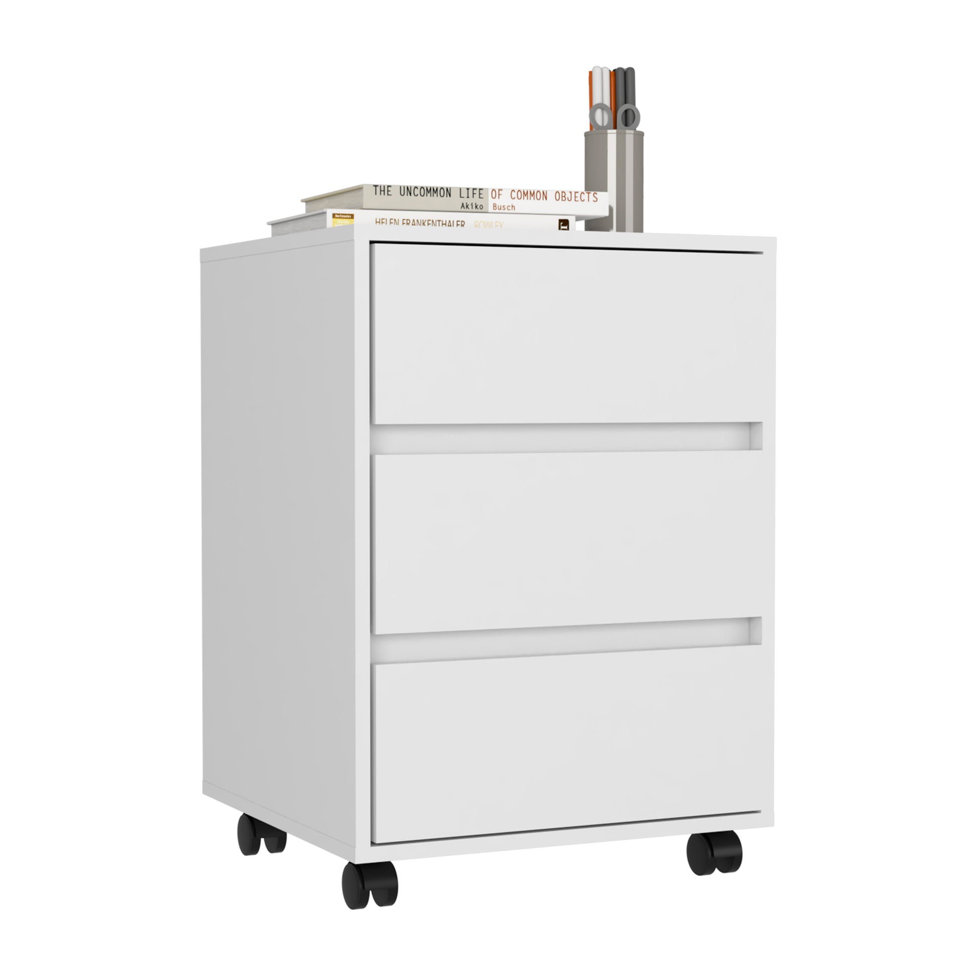 White threedrawer mobile filing cabinet on black wheels perfect for office storage