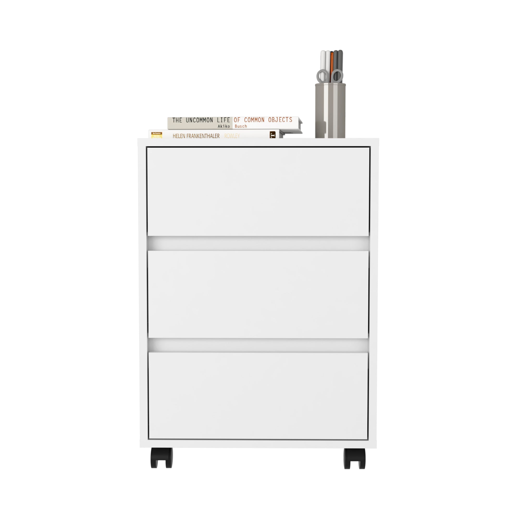 White threedrawer mobile file cabinet with black caster wheels and a book on top