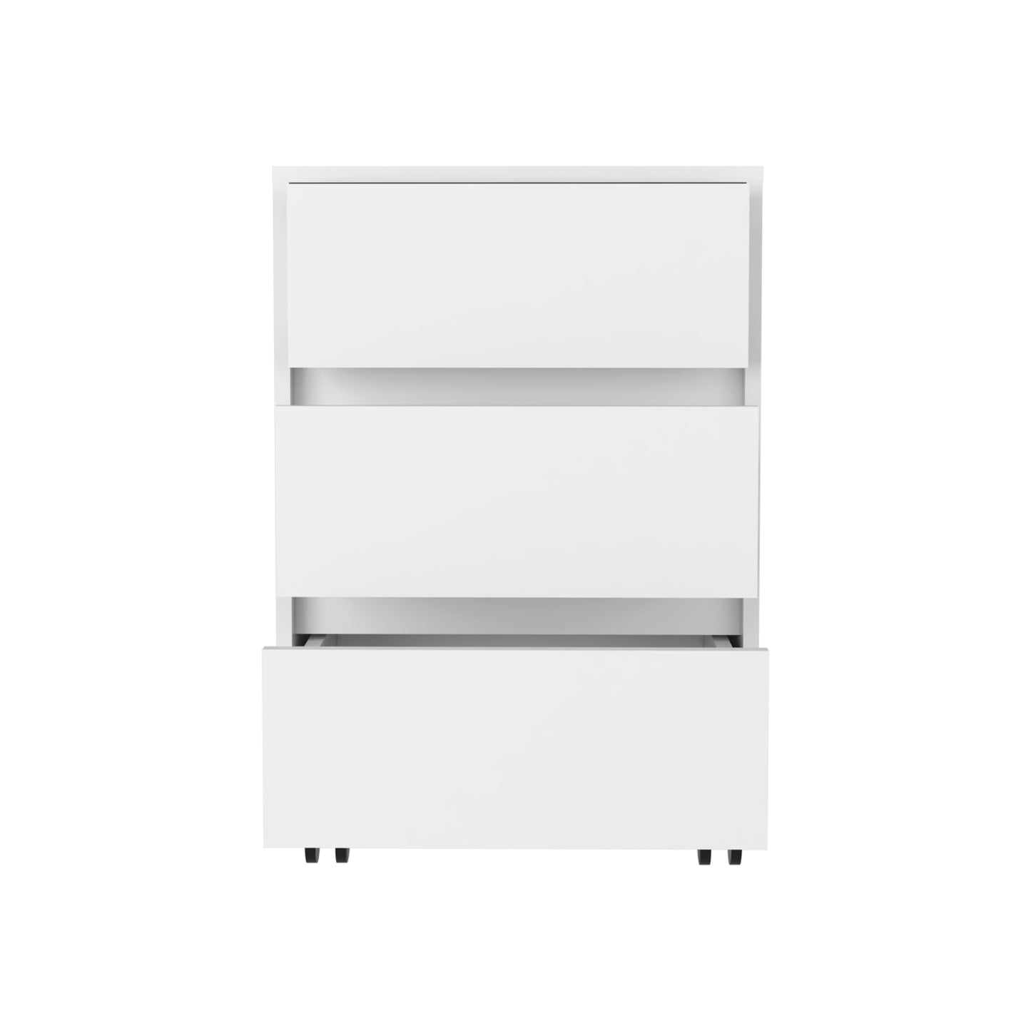 White modern file cabinet with three drawers on casters