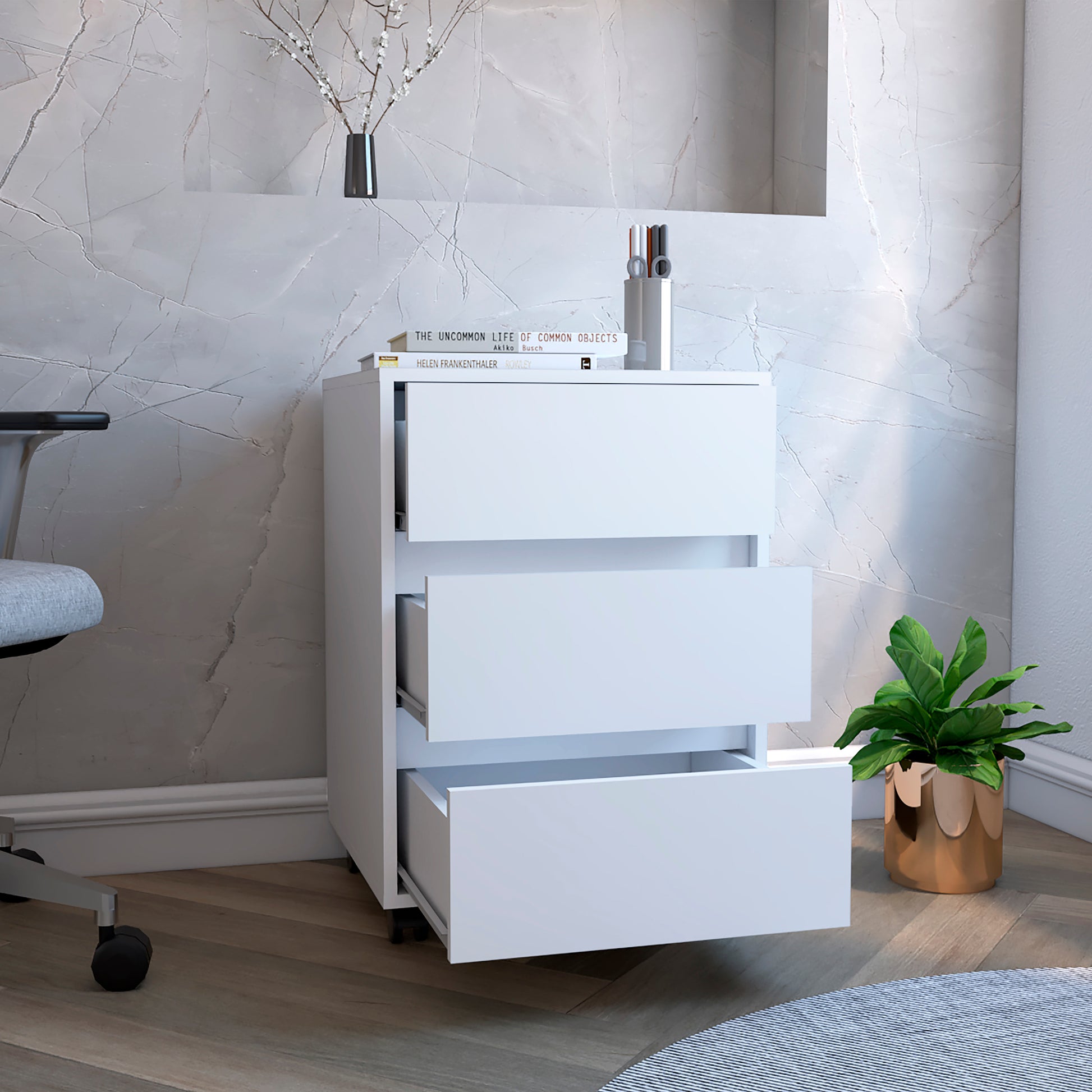 White drawer filing cabinet with casters for office organization