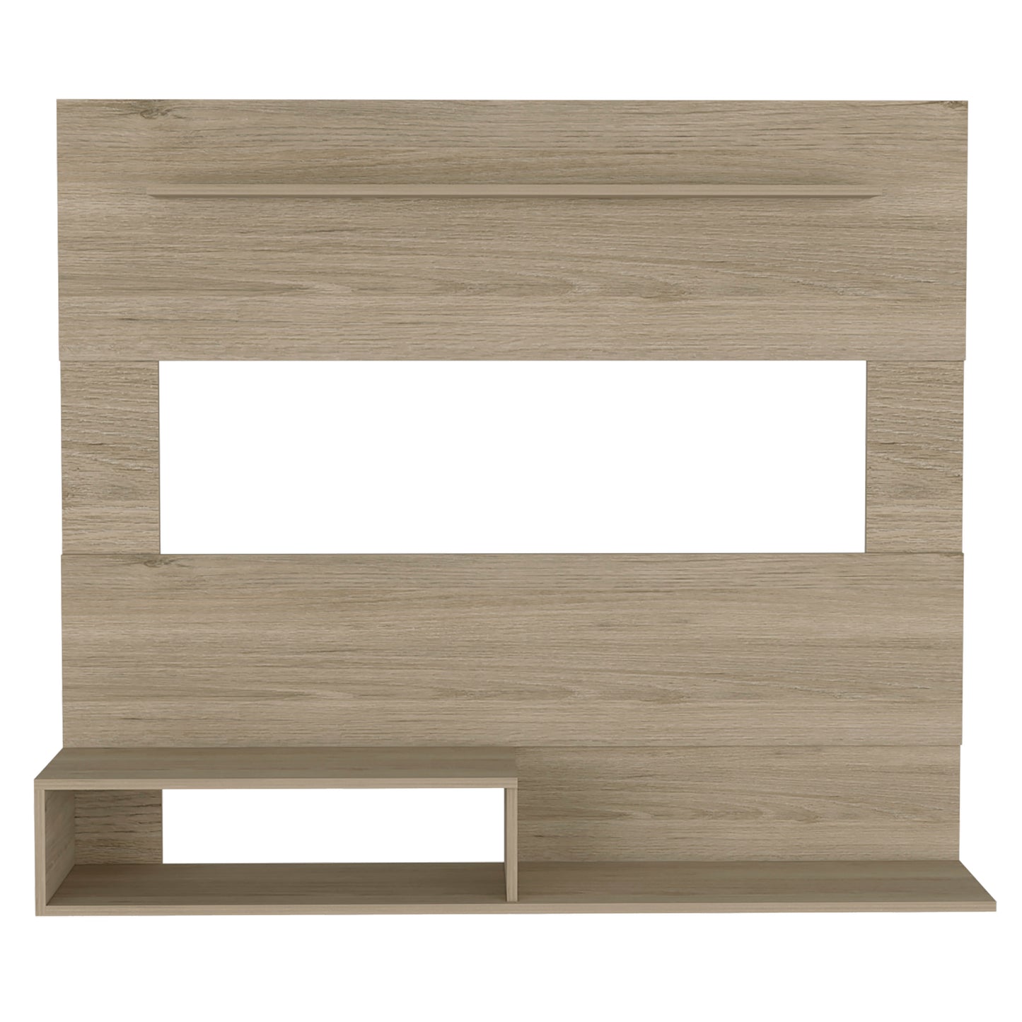 Modern beige wood TV stand with open shelving and integrated wall mount